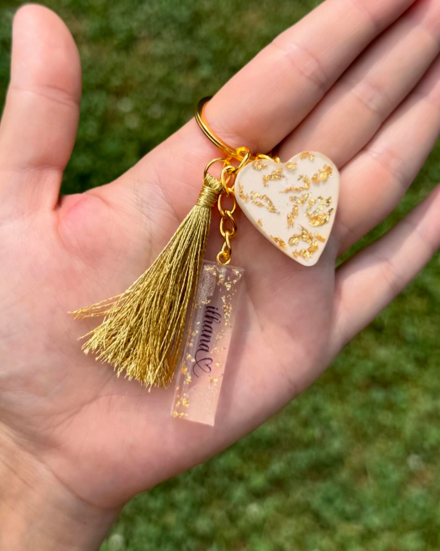 pink petals + gold flakes letter keychain 🌸