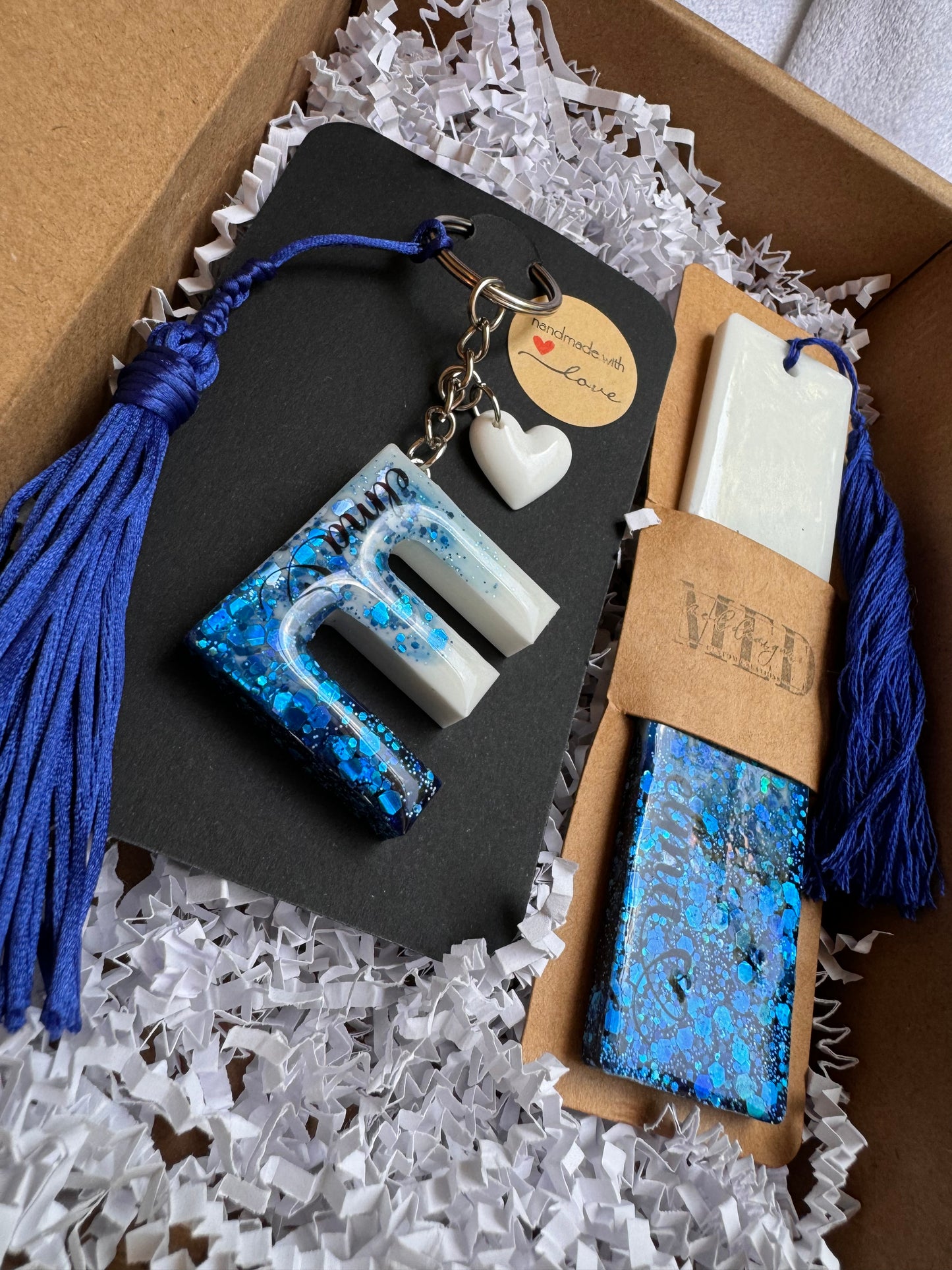 white + blue glitter letter keychain & bookmark set 🤍