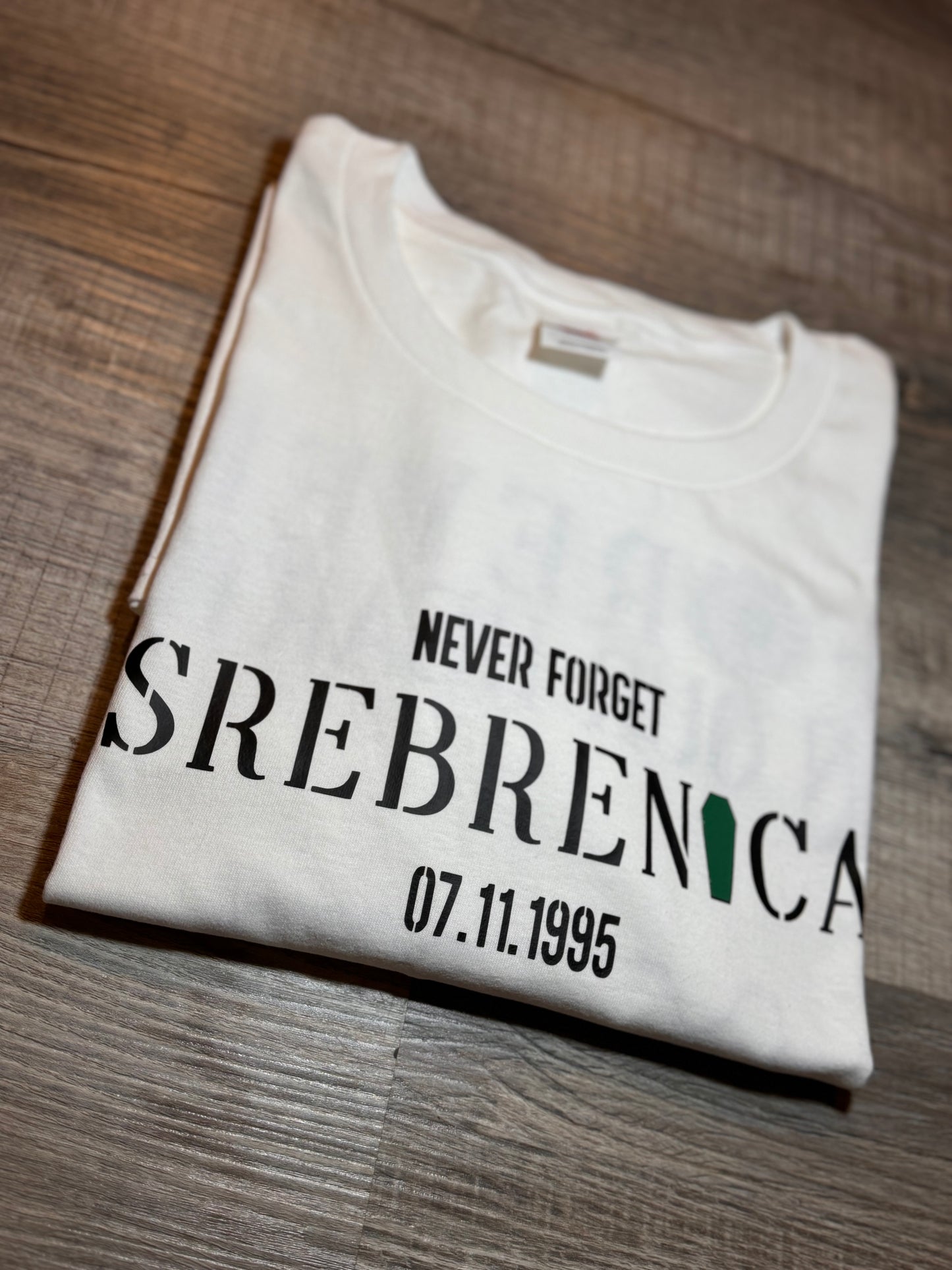 "never forget srebrenica" custom t-shirt 🕊️