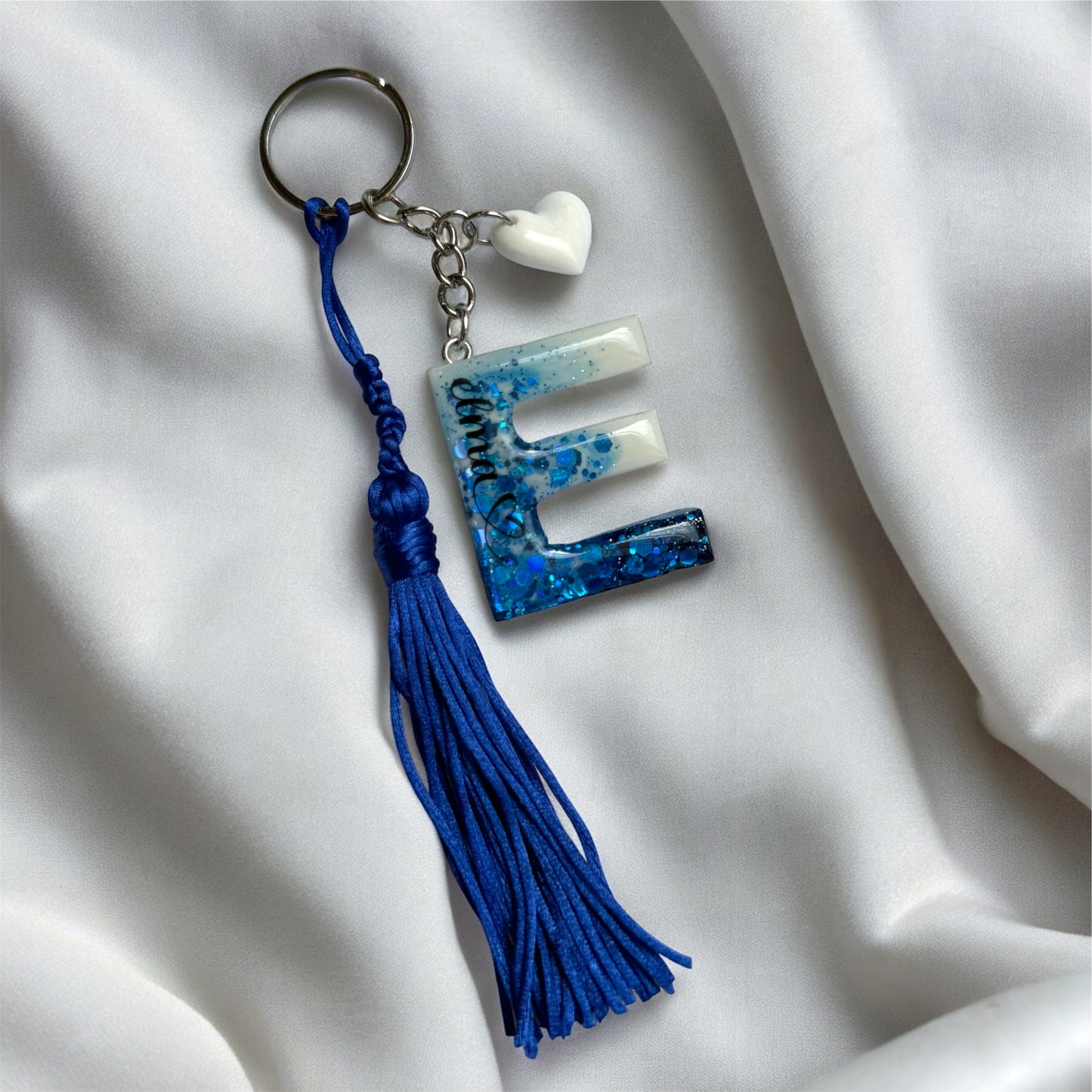 white + blue glitter letter keychain & bookmark set 🤍